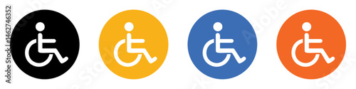Set of wheelchair accessibility icons in flat design. Handicapped patient wheelchair sign icons isolated. Disabled handicap icons set in colors. Disability access concept. Vector illustration.