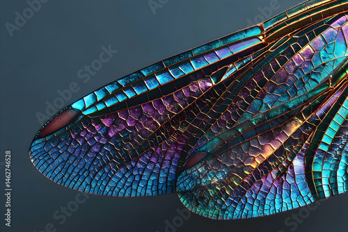 Detailed close-up view of a dragonfly's iridescent wings. photo