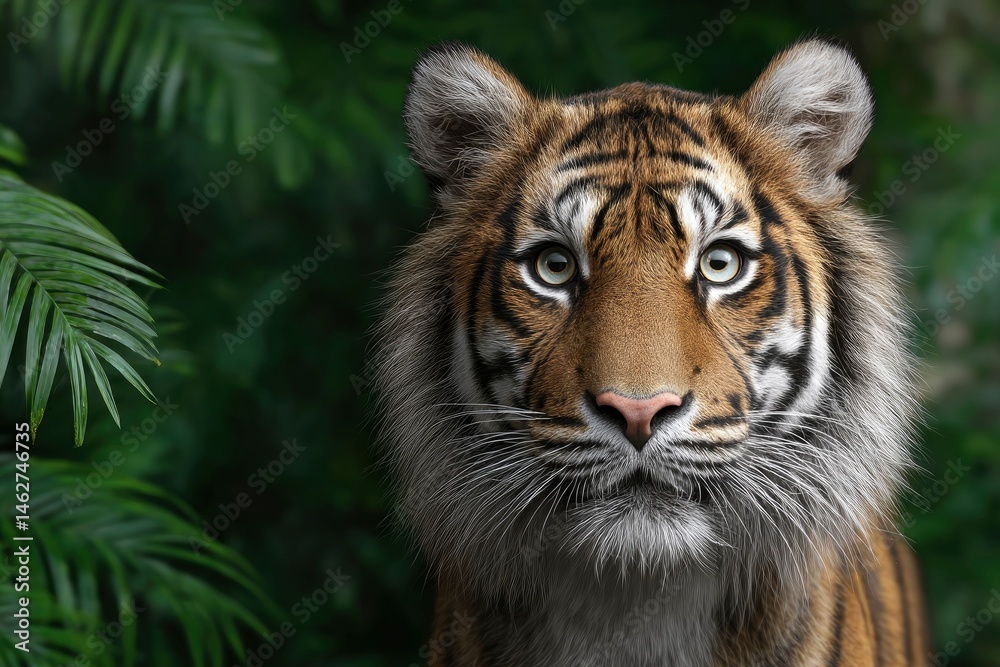 Fototapeta premium Majestic Tiger Portrait: Serene Gaze in Lush Jungle
