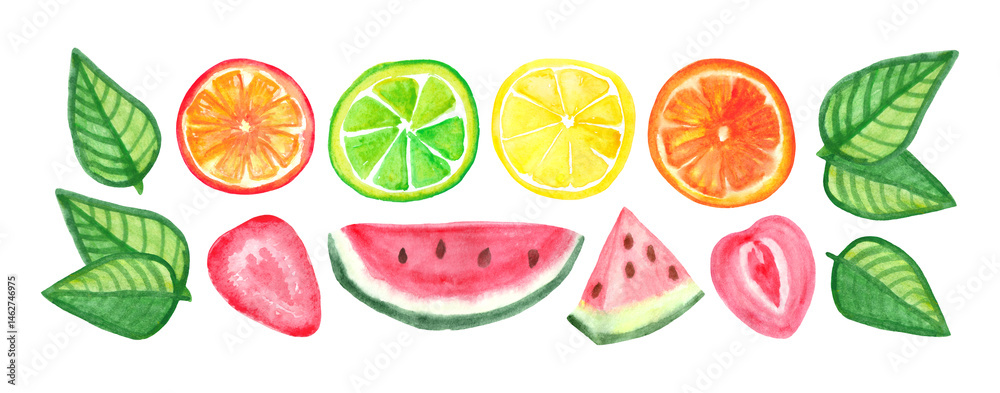 Set of watercolor slices of fruits, berries and green leaves. Watercolor design element.