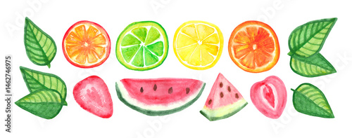 Obraz na płótnie Set of watercolor slices of fruits, berries and green leaves. Watercolor design element. w salonie