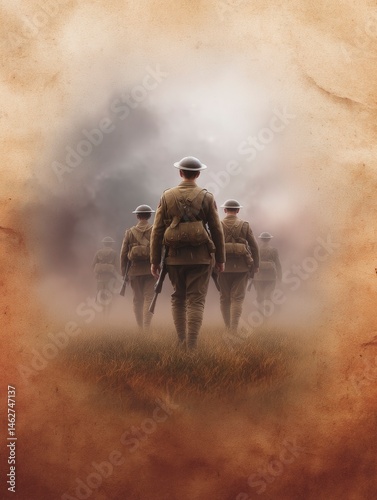 Soldiers' Somber March: A Nostalgic WWI-Era Military Scene photo