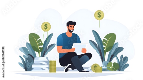 Detailed vector illustration of a man earning money using W-2 form