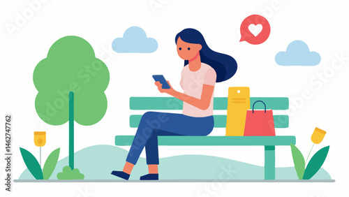 Individual on a Park Bench A young woman sitting on a bench in a park intensely focused on her smartphone. Her screen shows an eyecatching notification for a Mega Sale on