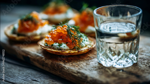 Delicious appetizers featuring caviar and cream on crispy bases, paired with shot of clear spirit, create inviting and elegant dining experience
