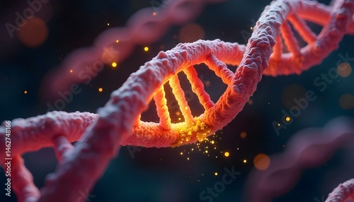 Microscope-Style 3D Concept Render of Broken Red-Orange DNA Double Helix with Floating Yellow Nucleotide Fragments Illustrating Genetic Mutation