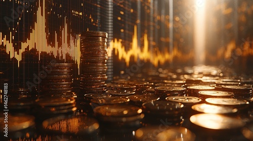 Wallpaper Mural Gold coins stacked high against a backdrop of fluctuating financial market trends. Torontodigital.ca