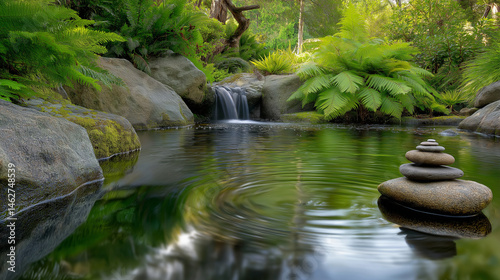 Tranquil pond at dawn with cascading waterfall and balanced stones