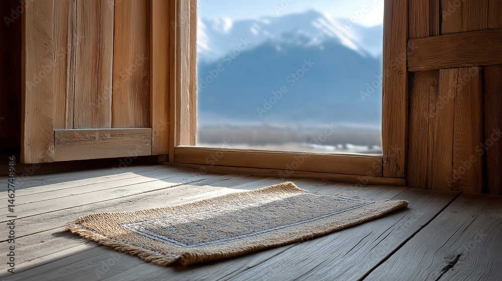 A serene prayer rug scene with mountain views and natural light