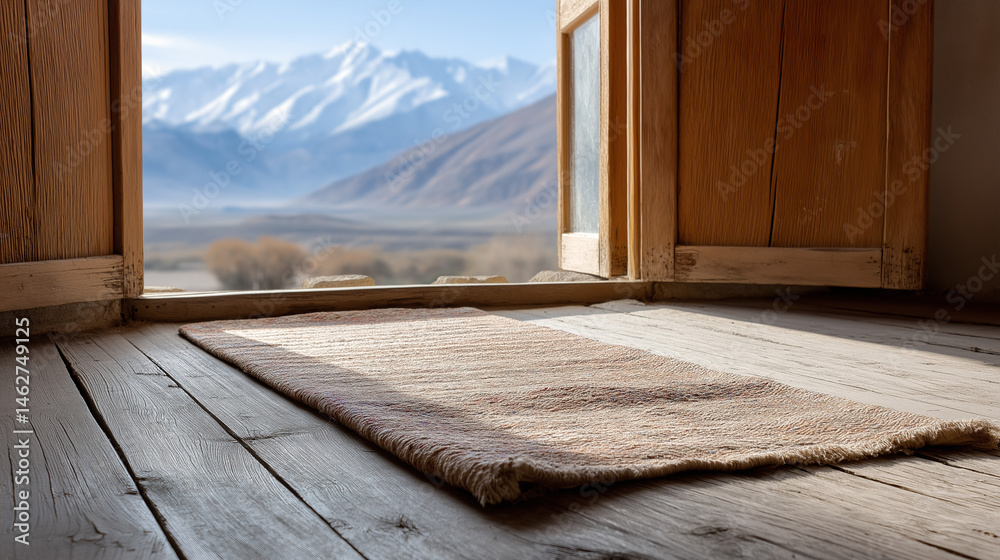 A tranquil prayer rug on a wooden floor with mountain view and sunlight