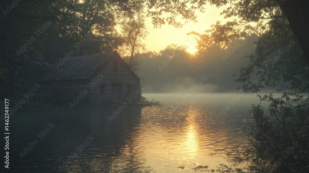 Fototapeta premium Misty sunrise over a tranquil lake, with a weathered cabin on the water's edge. Sunbeams pierce the fog, illuminating the still water