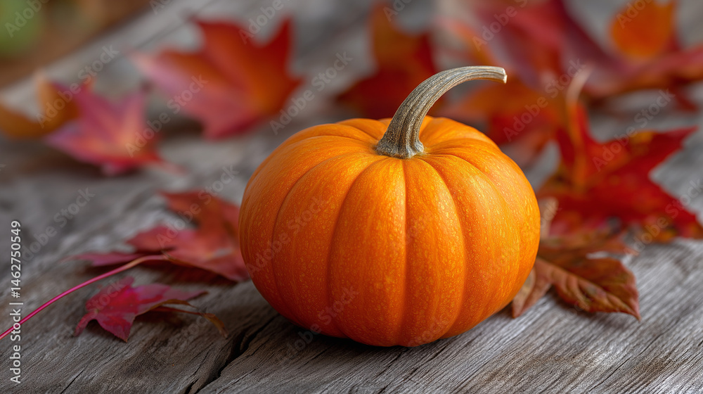 Vibrant Orange Pumpkin Surrounded by Autumn Leaves on Wood Surface