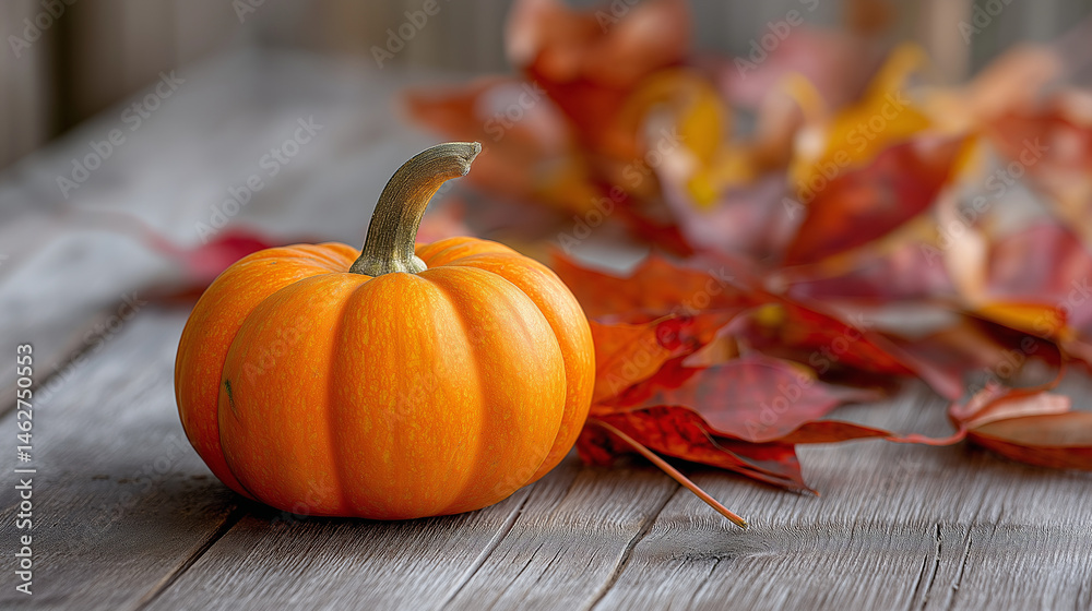 Vibrant orange pumpkin on rustic wood with autumn leaves