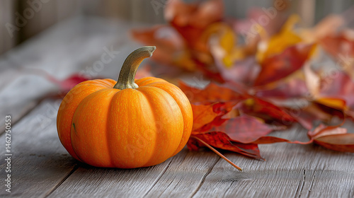 Vibrant orange pumpkin on rustic wood with autumn leaves