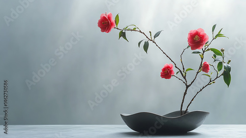 Beautiful arrangement of camellia flowers minimalist black vase, showcasing elegance of Japanese ikebana style. vibrant pink blooms contrast beautifully with dark vessel, creating serene
