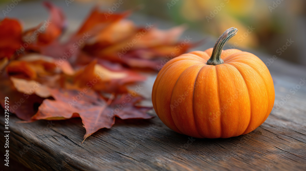 Vibrant orange pumpkin on rustic wood with autumn leaves