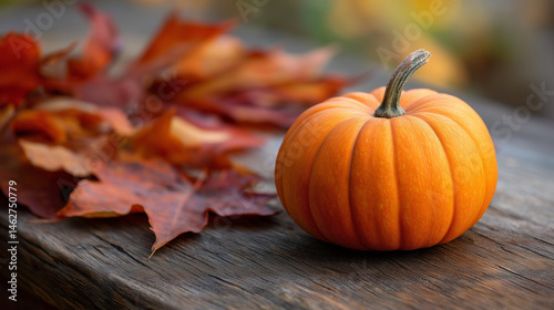 Obraz na płótnie Vibrant orange pumpkin on rustic wood with autumn leaves w salonie
