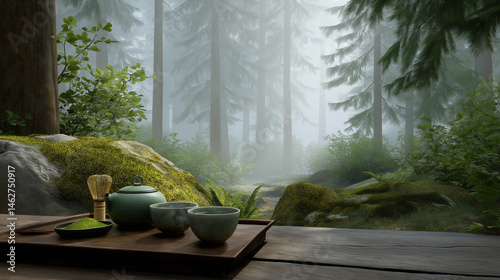 Obraz na płótnie Tranquil forest clearing with traditional green tea set w salonie