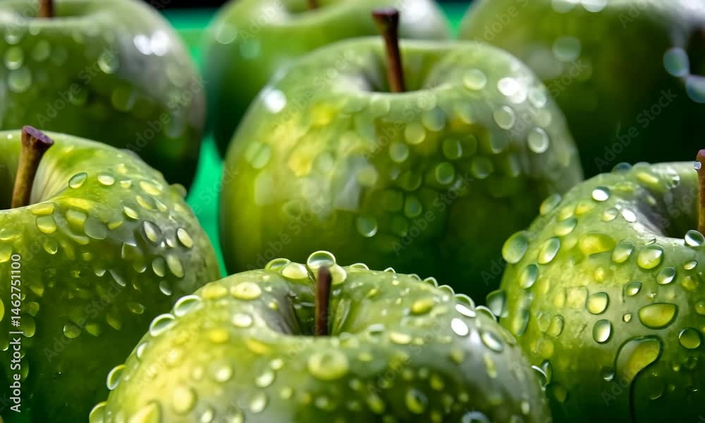 Fresh green apples glistening with water droplets