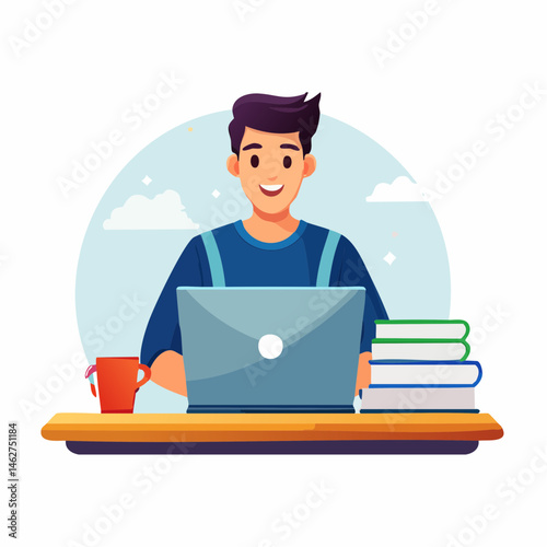 Minimal flat vector of teenager using laptop for study – digital learning cartoon on white background