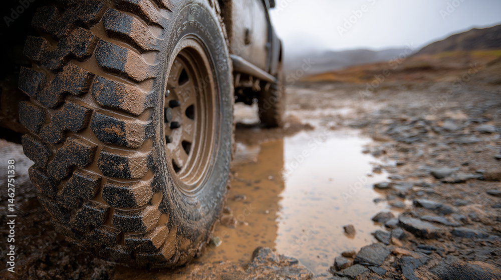 Off-Road Vehicle Tire Covered in Mud and Dirt Texture