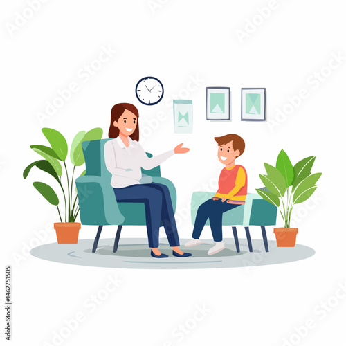 Minimal flat vector of child in therapy session – mental health cartoon on white background
