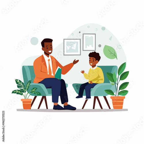 Minimal flat vector of child in therapy session – mental health cartoon on white background