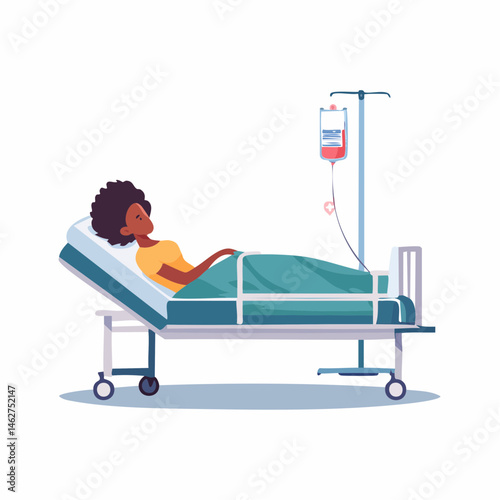 A minimal flat vector of a young patient resting in a hospital bed with an IV drip and a calm expression, white background