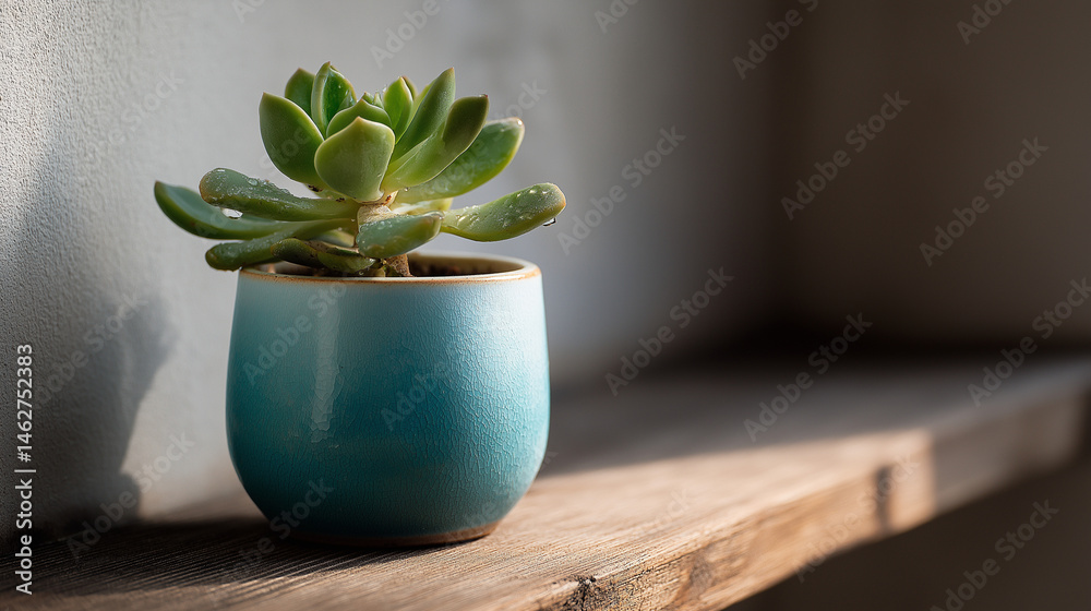 A small green succulent in an teal ceramic pot on wood shelf
