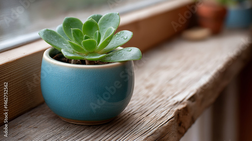 Small green succulent in teal ceramic pot on wooden shelf