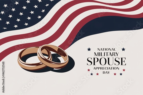 Patriotic image features wedding rings with the American flag for military spouse appreciation.