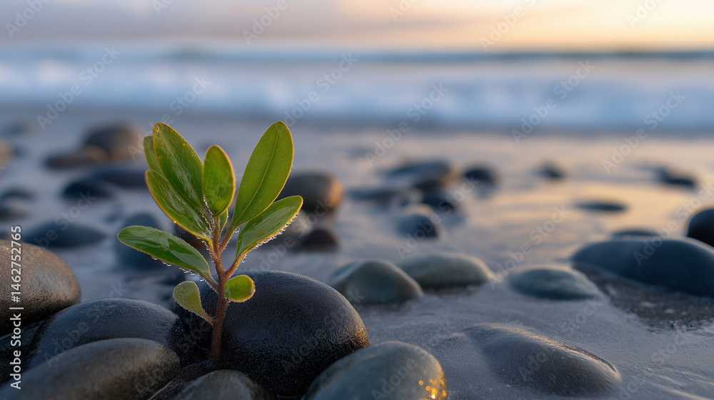 A resilient sprout on a rocky beach at dawn