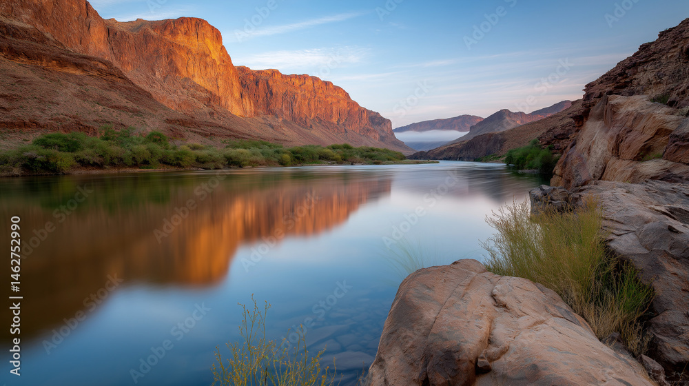Serene blue river in desert canyon at sunrise