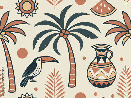 Tropical Summer Seamless Pattern Palm Trees, Toucans, and Sun