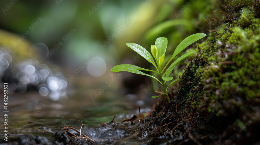Emerging green plant by a stream in damp organic soil
