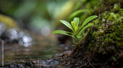 Obraz na płótnie Emerging green plant by a stream in damp organic soil w salonie