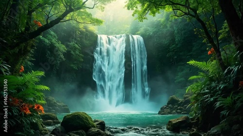 A waterfall is surrounded by lush green trees and a body of water