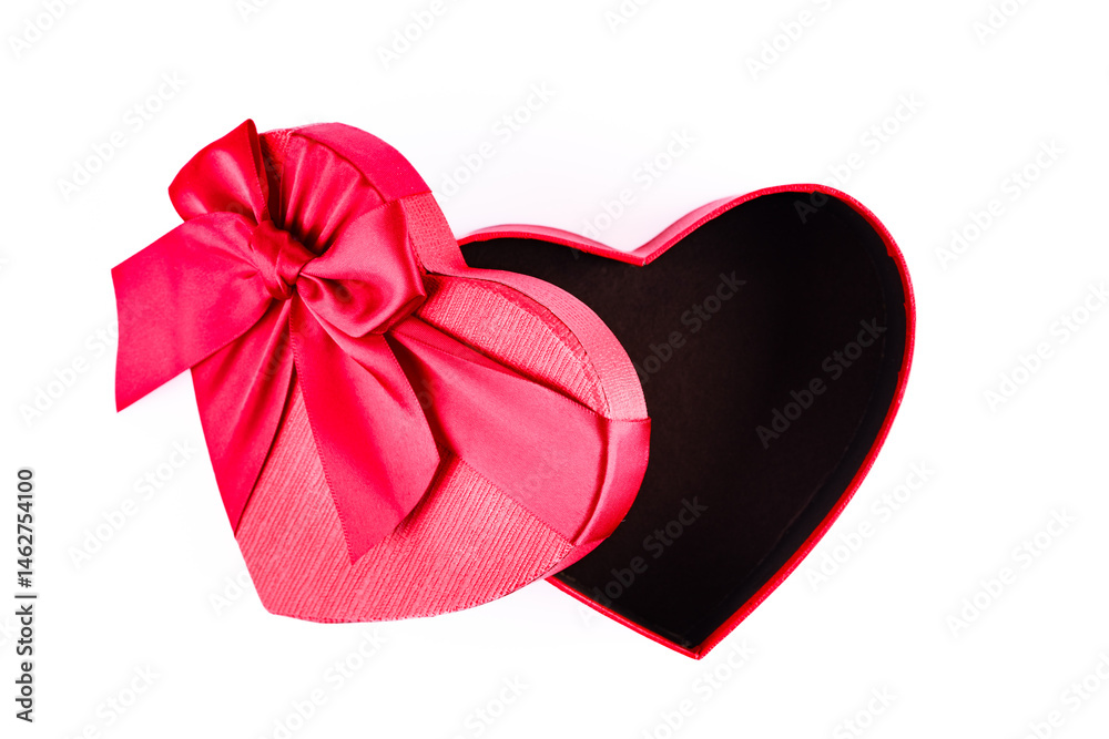 Red and heart shaped chocolate or candy box on white background