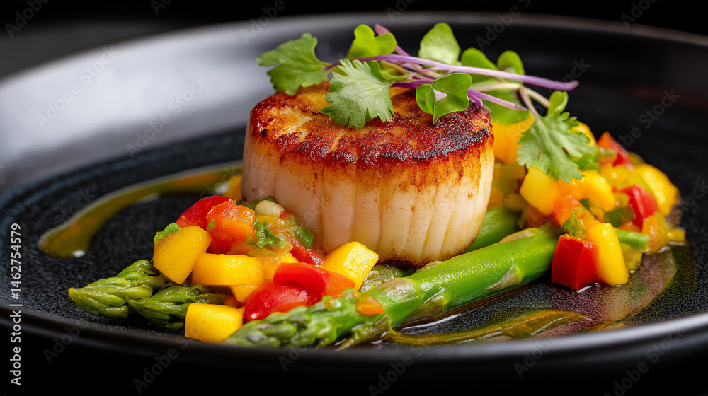 Perfectly Seared Scallop with Mango Salsa and Asparagus