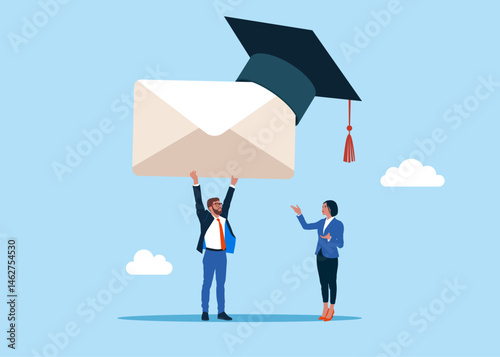 Businessman with envelope wearing academic mortar board hat. Invitations. Education curriculum, overseas school, college and university. Flat vector illustration