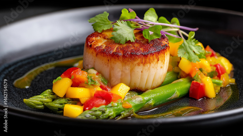 Obraz na płótnie Perfectly Seared Scallop with Mango Salsa and Asparagus w salonie