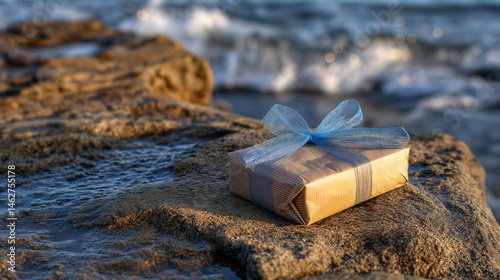 A gift on ocean rocks with a blue ribbon and tide pools