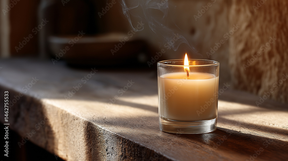 Warm candlelight on textured wood creating a cozy atmosphere