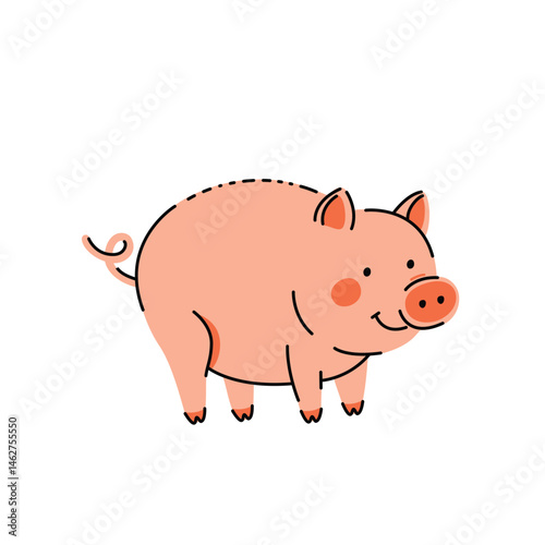 Pink cartoon pig, rural scene. Flat vector illustration on white background
