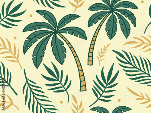 palm trees, tropical leaves, nature, greenery, yellow accents, seamless pattern, botanical, lush foliage, earthy tones, organic shapes, verdant landscape, vibrant colors, dense vegetation, 