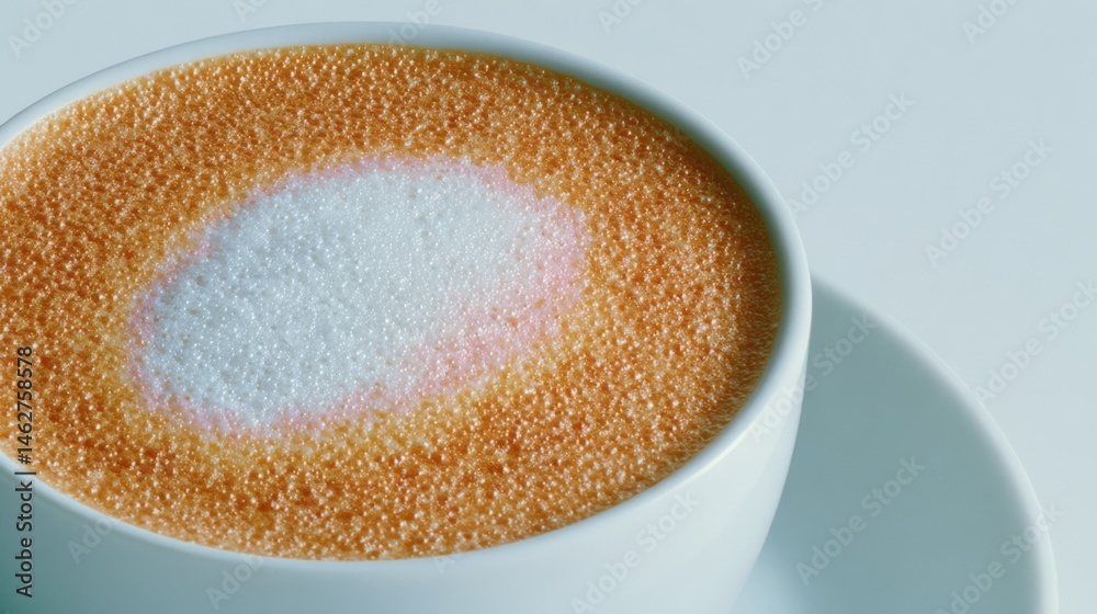 Cappuccino Coffee with Latte Art in a Cup, on a Blue Background with Copy Space.