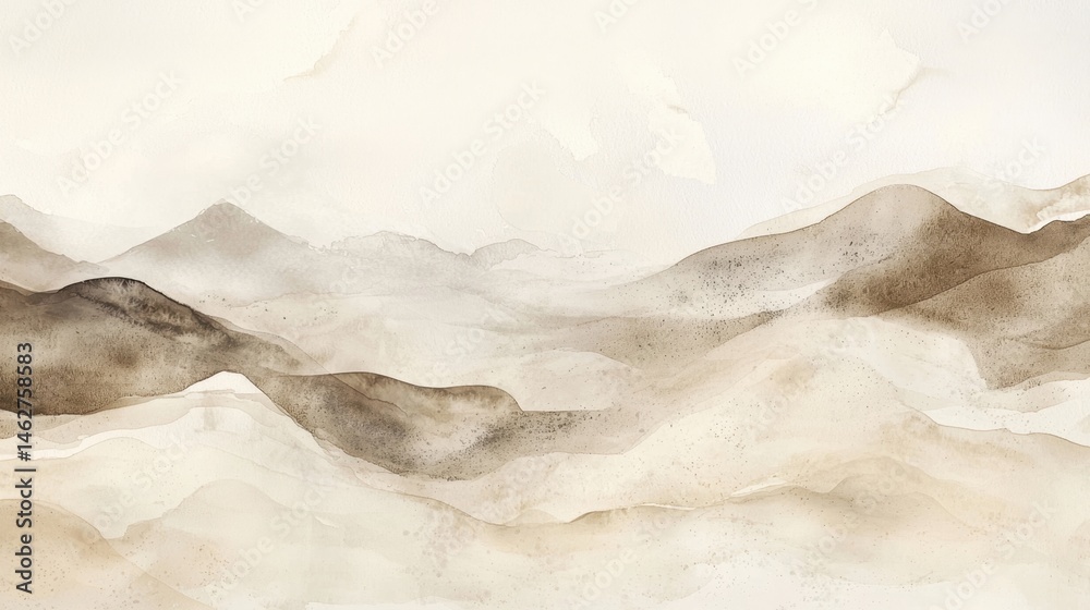 Obraz premium Gentle hills and mountains blend seamlessly in shades of brown and beige. A tranquil atmosphere is created by soft textures and a muted, overcast sky, evoking calmness
