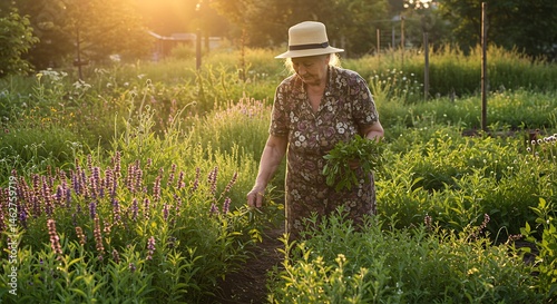 Woman harvesting herbs in garden at sunset