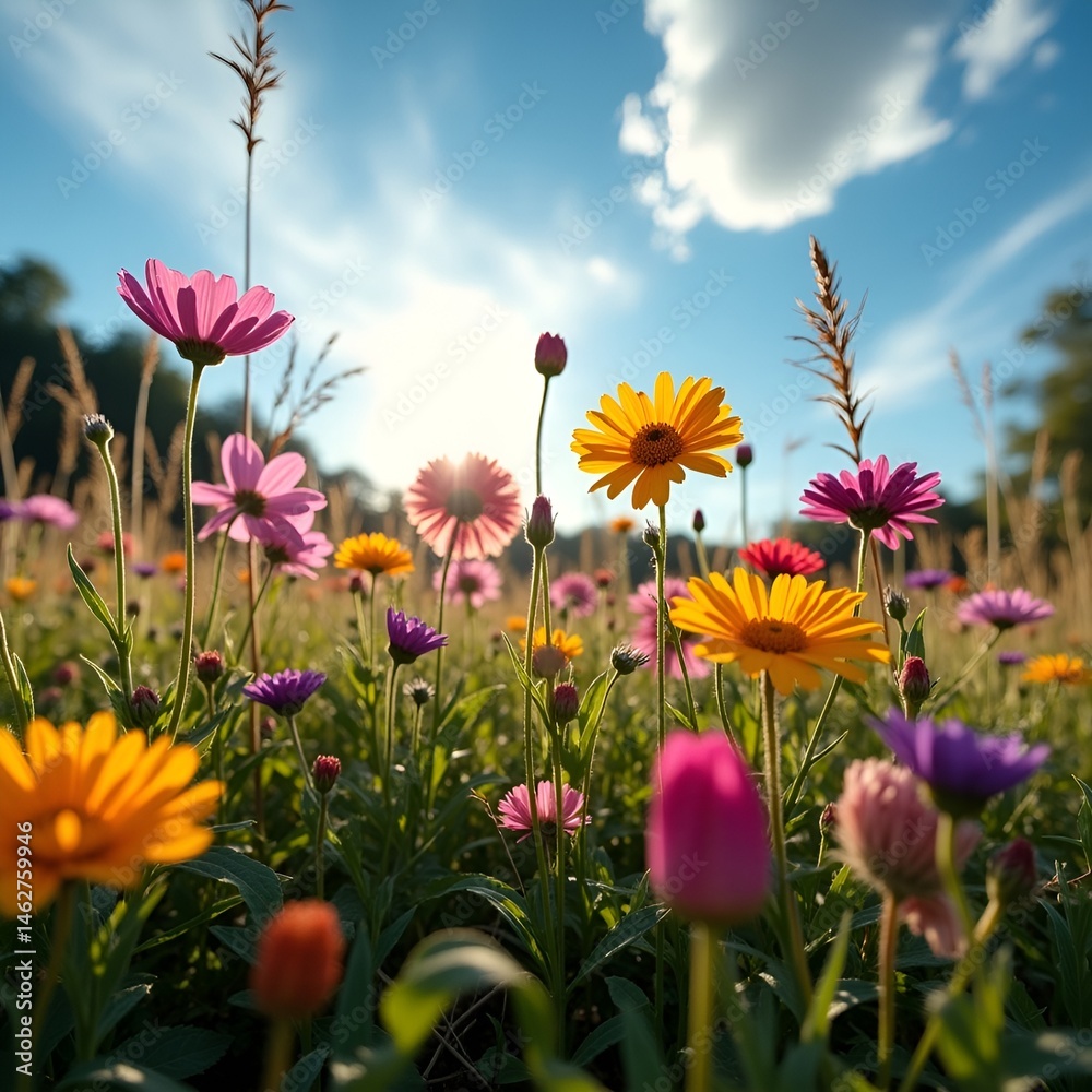 Fototapeta premium Vibrant wildflowers in a sunny meadow
