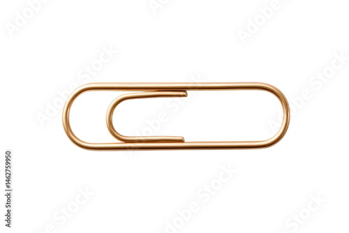 Gold paperclip isolated on white background for office supplies, cut out - stock png.